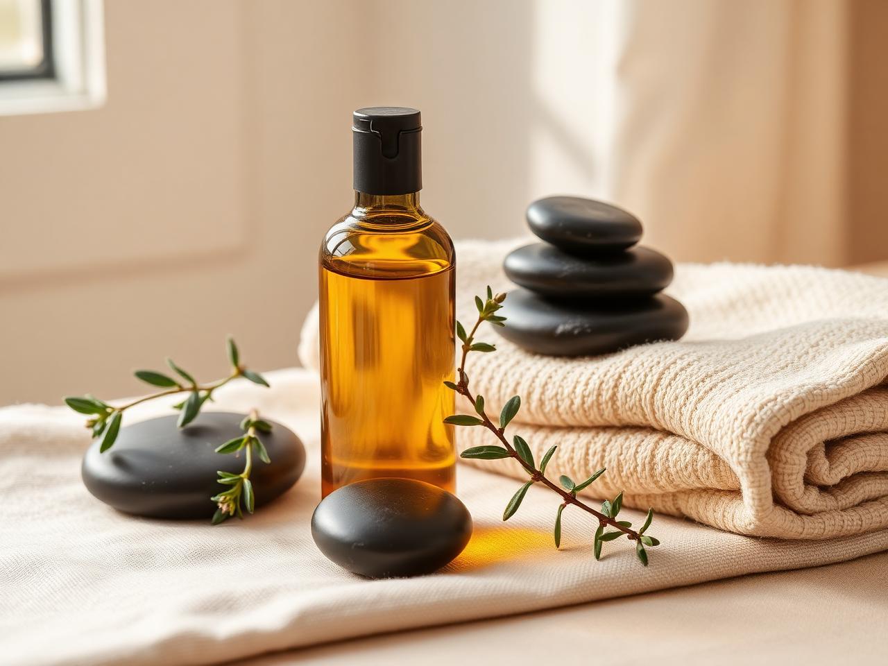 Massage oils, towels and stones prepared for a treatment